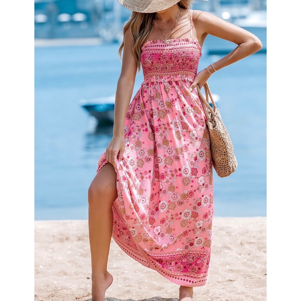 Pink Floral Smocked Boho Maxi Dress Retro Summer Sun Dress M dainty whimsi beach